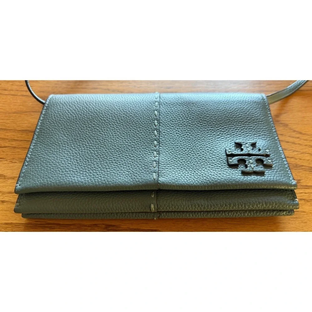 Tory Burch McGraw Wallet  Pebbled Leather Crossbody Bag Teal Blue